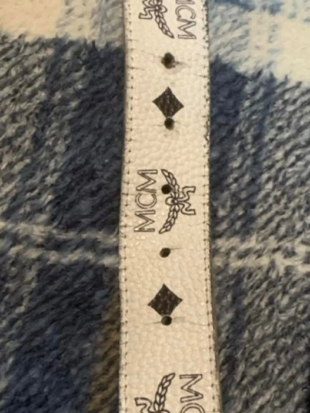 MCM White Monogram Leather Belt with Gold M Buckle